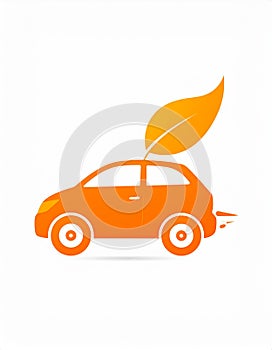 Orange Eco car concept drive with leaf icon isolated on white background. Green energ