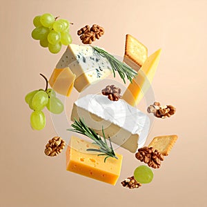 Different types of cheese, crackers, grapes, rosemary and walnuts in air on dark beig