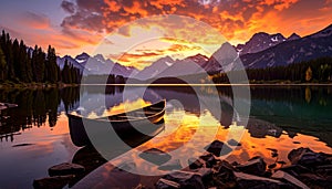Majestic Mountain Lake Sunset with Lone Canoe