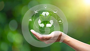 Vector sign environment friendly, hand and leaf. creative concept.