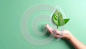 Vector sign environment friendly, hand and leaf. creative concept.