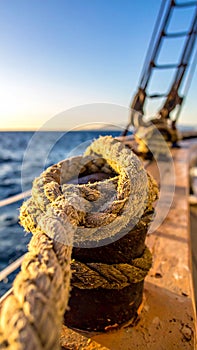 Hawser on a ship with sea background
