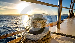 Hawser on a ship with sea background