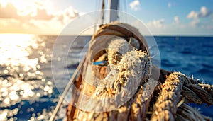 Hawser on a ship with sea background