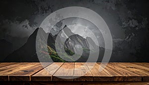 Empty wooden table top and colored dark or gray wall background for showing products