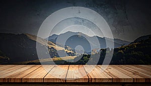 Empty wooden table top and colored dark or gray wall background for showing products
