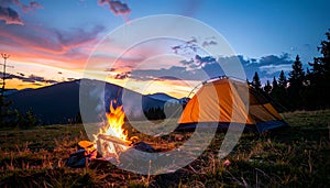 Wide Shot of Tent and Fire beneath Twilight Sky