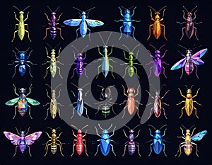 Bright insect icons, vector set. Abstract triangular style. mantis, grasshopper