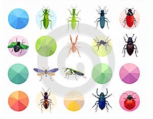 Bright insect icons, vector set. Abstract triangular style. mantis, grasshopper