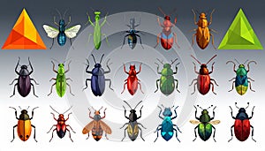 Bright insect icons, vector set. Abstract triangular style. mantis, grasshopper