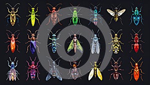Bright insect icons, vector set. Abstract triangular style. mantis, grasshopper