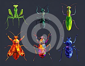 Bright insect icons, vector set. Abstract triangular style. mantis, grasshopper