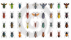 Bright insect icons, vector set. Abstract triangular style. mantis, grasshopper