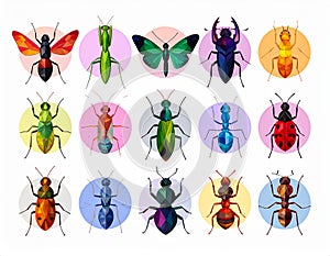 Bright insect icons, vector set. Abstract triangular style. mantis, grasshopper