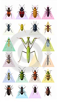 Bright insect icons, vector set. Abstract triangular style. mantis, grasshopper