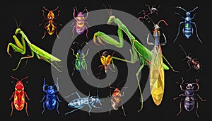 Bright insect icons, vector set. Abstract triangular style. mantis, grasshopper