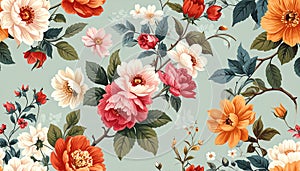 Seamless pattern with Chintz flowers and leaves. Vector