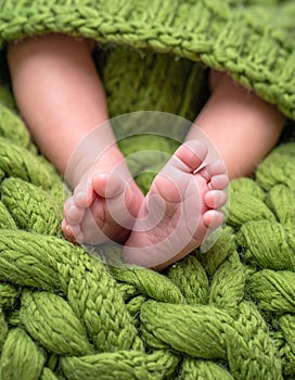 baby legs on green wool blanket