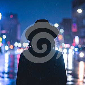Neon Rain Silhouette of a Night Artist