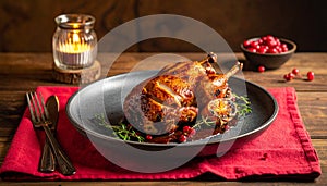 Cozy Low Light Dinner with Roast Duck and Red Napkin