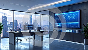 Generated image Professional workspace with marketing analytics on big screen, subtle tech lighting, modern clean office