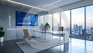 Generated image Professional workspace with marketing analytics on big screen, subtle tech lighting, modern clean office