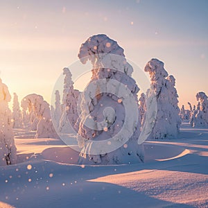 Snow-covered trees create a surreal landscape in a winter forest.