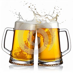 Generated image Two Beer Mugs toasting creating splash isolated on white background