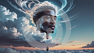 Surreal Digital Art of a Man's Head Rising from Cloudscape with Cosmic Cloud Swirls