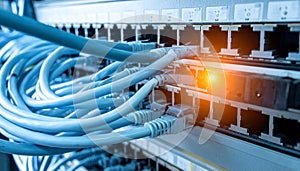 Network Switch and Ethernet Cables in Data Center or Server Room