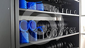 Neatly Organized Coiled Hoses in a Storage Rack