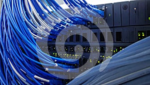 Server Room Network Cables and Blinking Lights