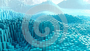 Abstract Blue Cubes Landscape, Futuristic Digital Terrain, 3D Geometric Pattern Background
