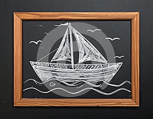 Boat drawing on blackboard blackground