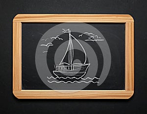Boat drawing on blackboard blackground