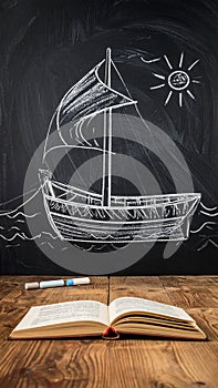 Boat drawing on blackboard blackground