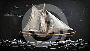 Boat drawing on blackboard blackground