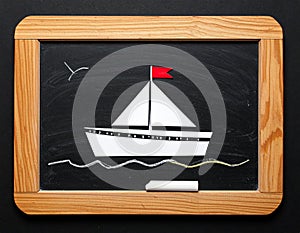 Boat drawing on blackboard blackground