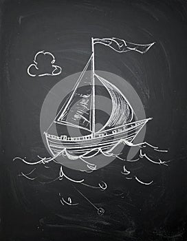 Boat drawing on blackboard blackground