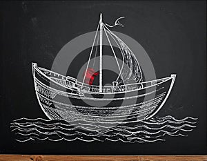 Boat drawing on blackboard blackground