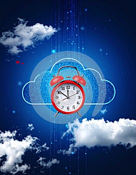 2d rendering Cloud Red alarm clock with Red heart, Valentines day concept
