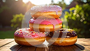 Four fresh donuts on each other