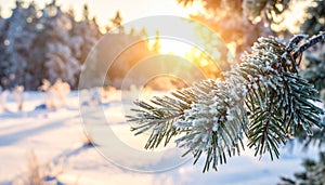 Frosted Evergreen Pine Needles Sparkling in Winter Sunlight