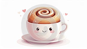 Cute Cinnamon Roll in a Smiling Coffee Cup