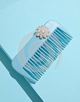 Minimal Elegant Pearl Hair Comb in Pastel Blue Setting