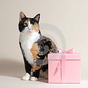 Calico cat with pastel pink gift on an ivory studio backdrop