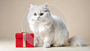 Fluffy white cat with a small red gift box in a studio scene