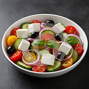 A fresh Greek salad is presented in a white bowl.