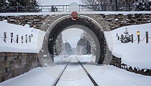 Winter Train Tracks Through Stone Arch