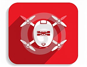 Quadcopter long shadow glyph icon. Style is a flat symbol on a red rounded